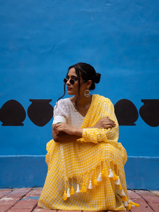 “Jugnoo” Yellow & White Checks Mul Cotton Saree