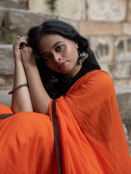 “Saanjh” Orange Mul Cotton Saree