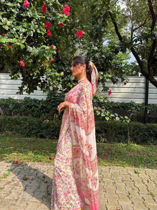 Khushi (खुशी) White & Pink Floral Hand Block Printed Pure Chiffon Saree