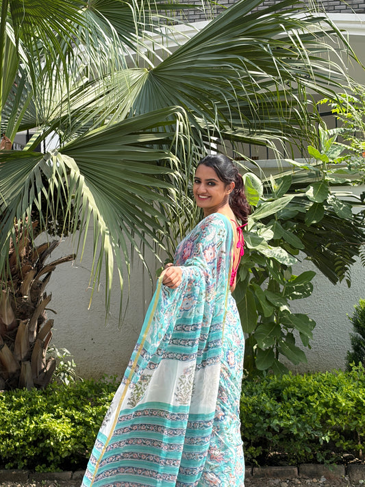 Sakhi (सखी ) Blue-Green Floral Hand Block Printed Pure Chiffon Saree