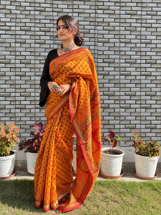“KESARI (केसरी )” Kesar Orange Hand Block Printed Maheshwari Silk Saree