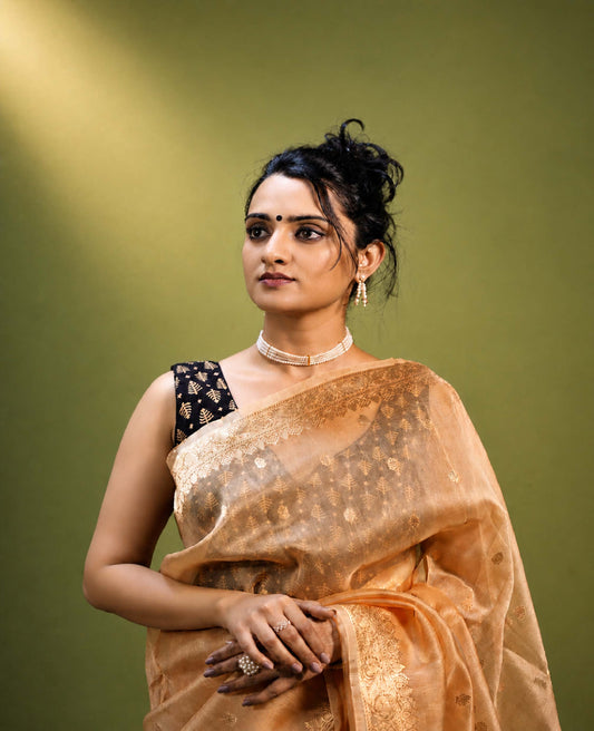“Kashvi” Faun Gold Kora Organza Banarasi Handloom Saree