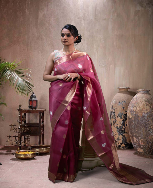 “Raaya” Mauve-Pink Kora Organza Banarasi Handloom Saree