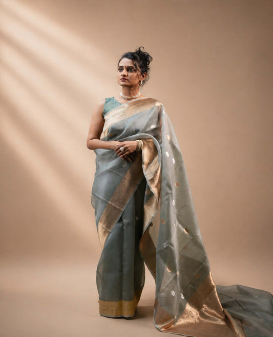 “Samaya” Olive-Grey Kora Organza Banarasi Handloom Saree
