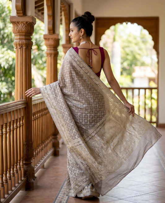 “Dhriti” Brown Cotton Banarasi Jamdani Handloom Saree