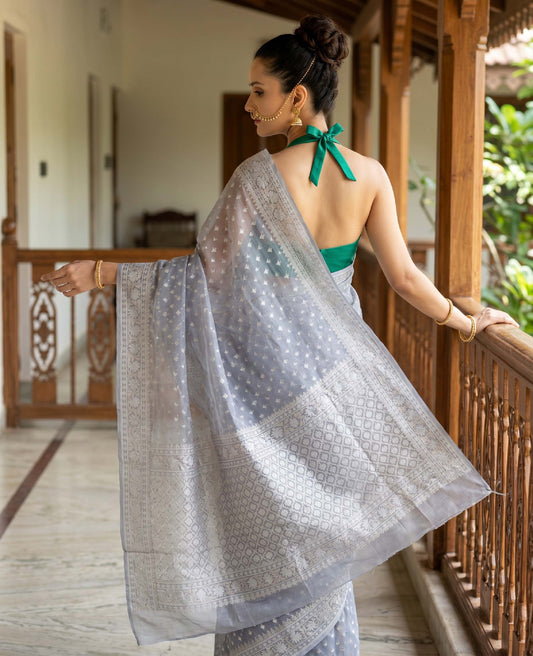 “Neer” Mist Blue Cotton Banarasi Jamdani Handloom Saree