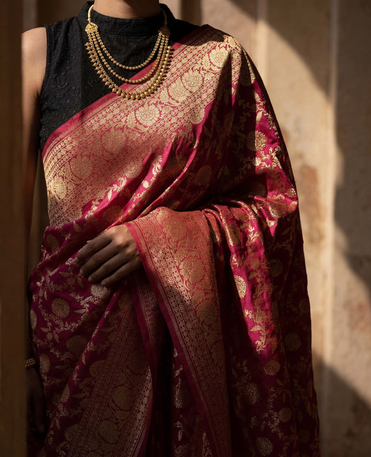 “Gulaal” Magenta–Red Pure Katan Silk Banarasi Handloom Saree