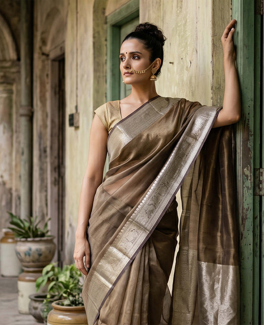 “Rohini” Dual-Tone Purple–Brown Pure Tissue Banarasi Handloom Saree