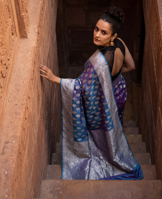 “Ira” Blue-Purple dual tone lightweight Soft Drape Katan Silk Banarasi Handloom Saree