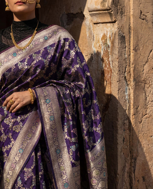 “Rangrez” Purple Meenakari Pure Katan Silk Banarasi Handloom Saree