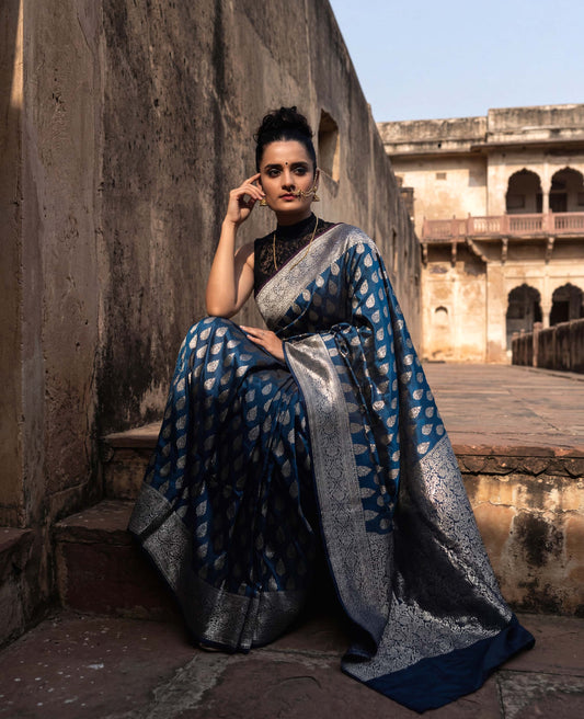 “Vibha” Blue lightweight Soft Drape Katan Silk Banarasi Handloom Saree
