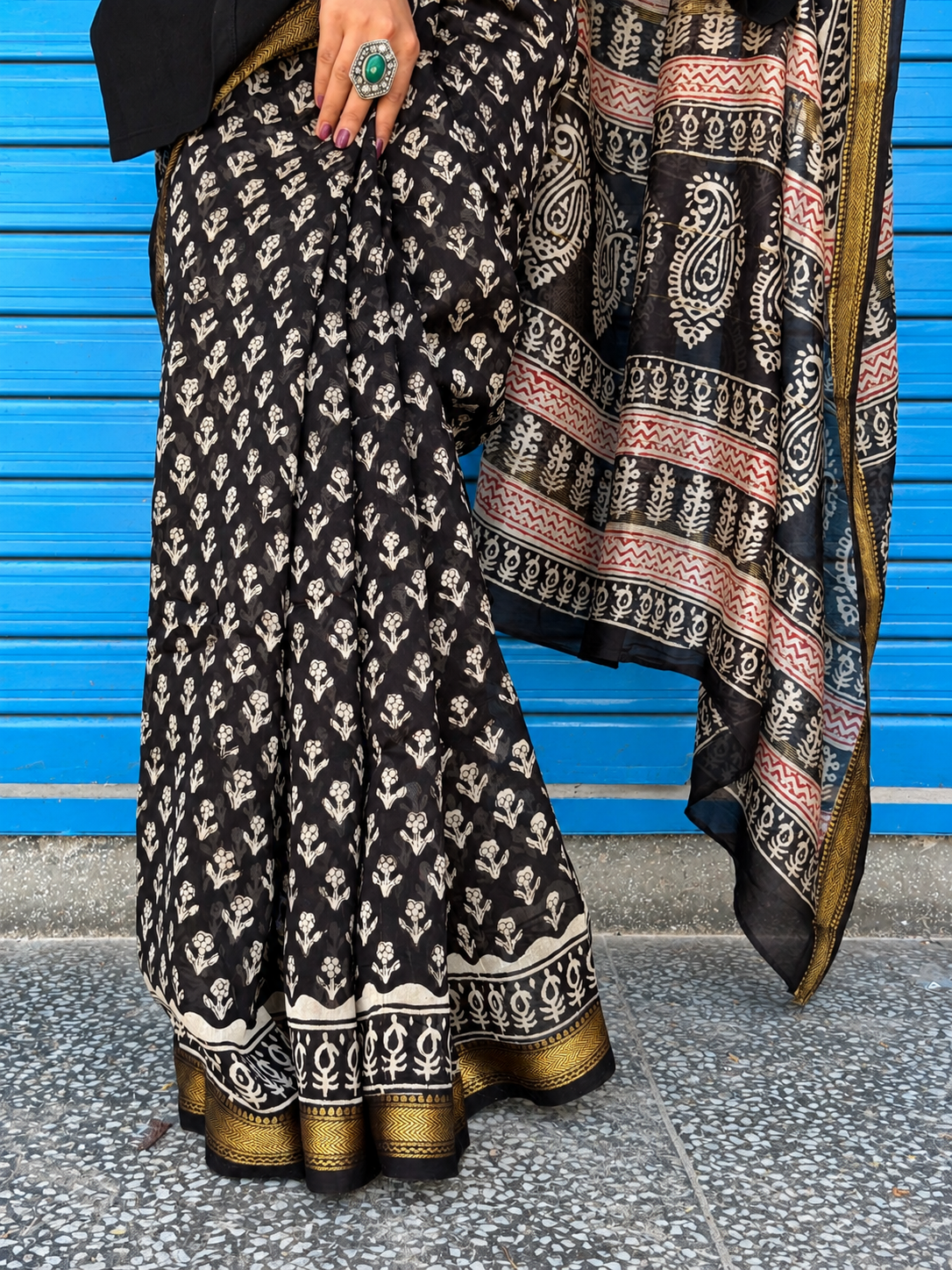 “Shama (शमा)” Black Hand Block Printed Maheshwari Silk
