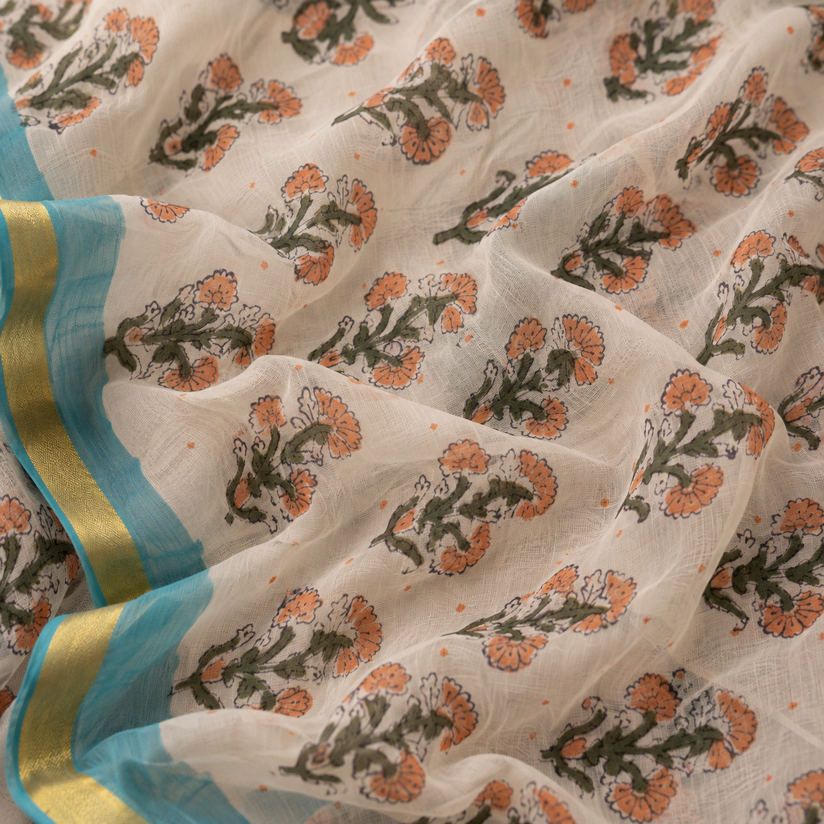 Sakhi (सखी ) Blue-Green Floral Hand Block Printed Pure Chiffon Saree
