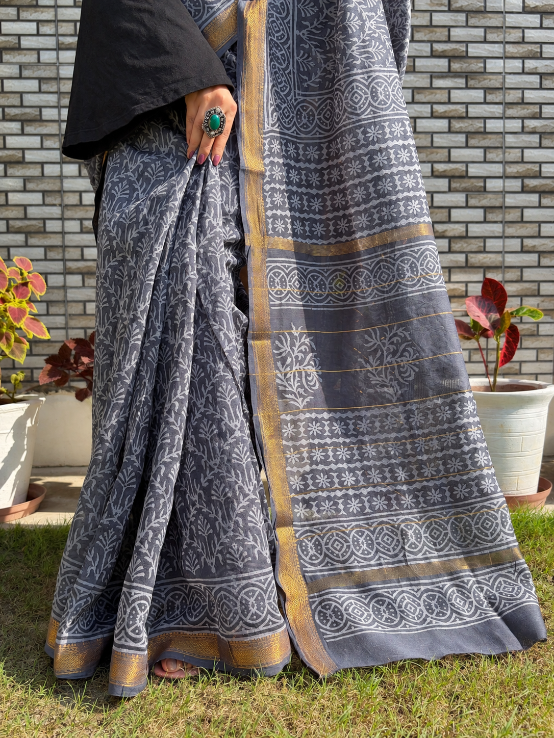 “CHHAYA (छाया ) ” Charcoal Grey Hand Block Printed Maheshwari Silk Saree
