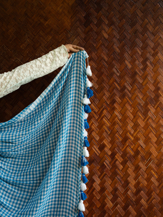 “Hansini” Blue & White Checks Mul Cotton Saree