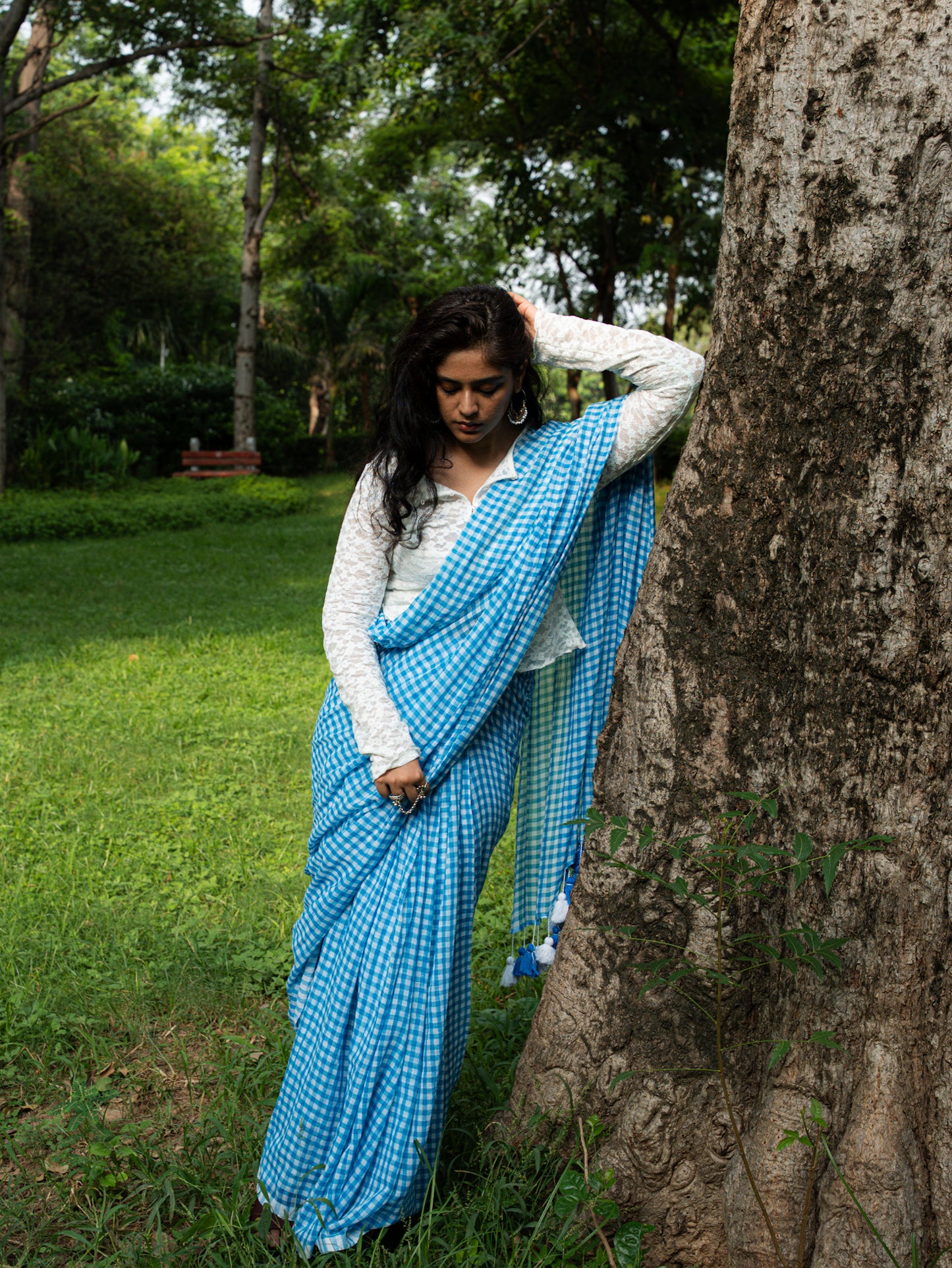 “Hansini” Blue & White Checks Mul Cotton Saree