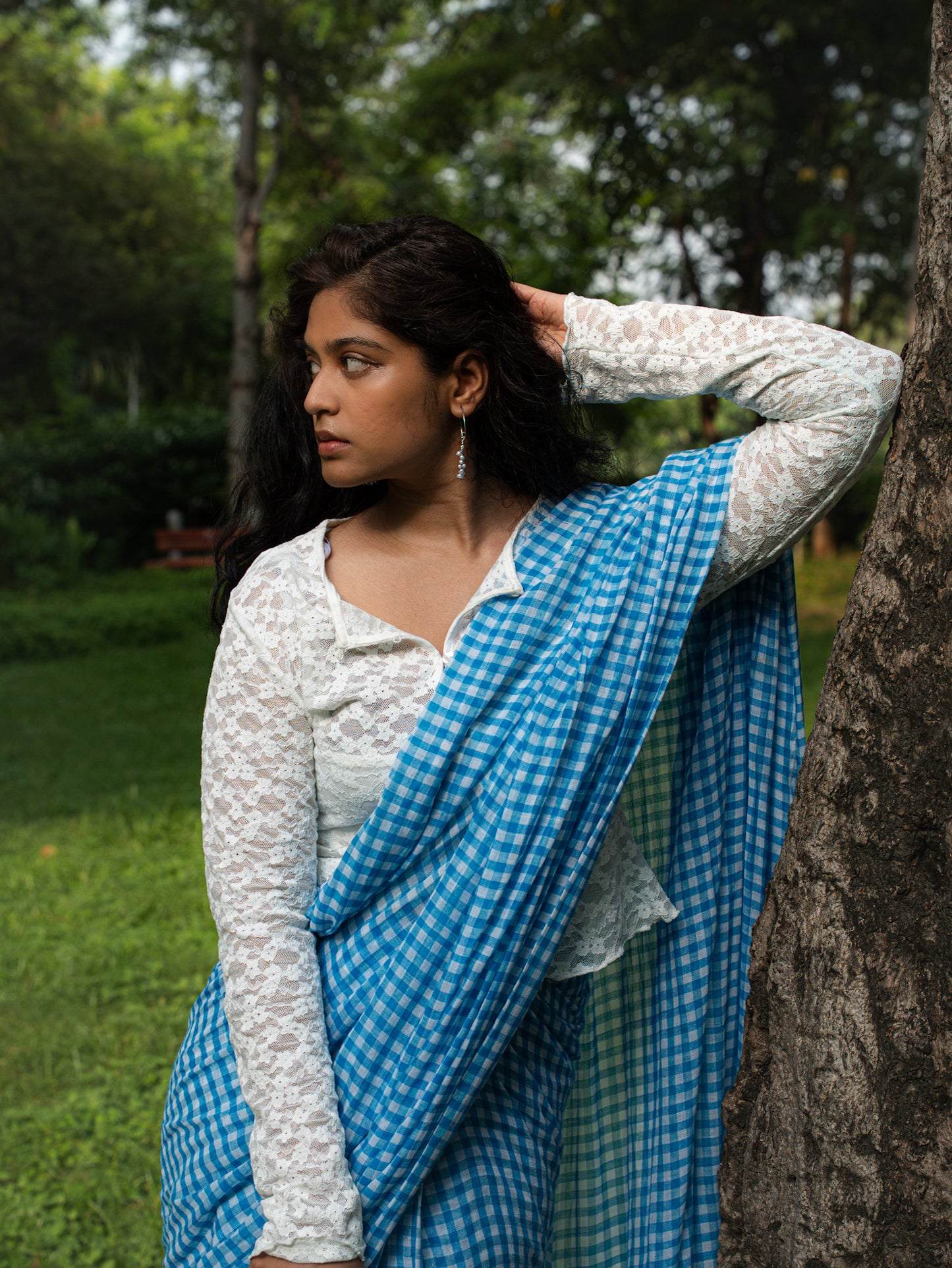 “Hansini” Blue & White Checks Mul Cotton Saree
