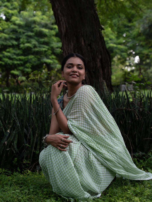 “Paakhi” Green & White Checks Mul Cotton Saree