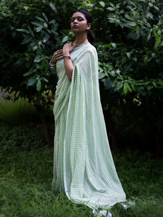 “Paakhi” Green & White Checks Mul Cotton Saree