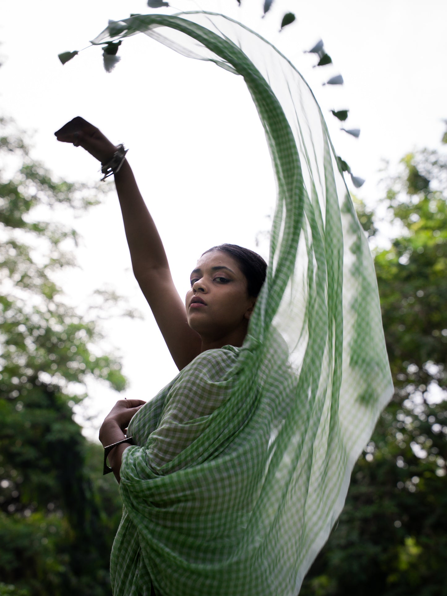 “Paakhi” Green & White Checks Mul Cotton Saree