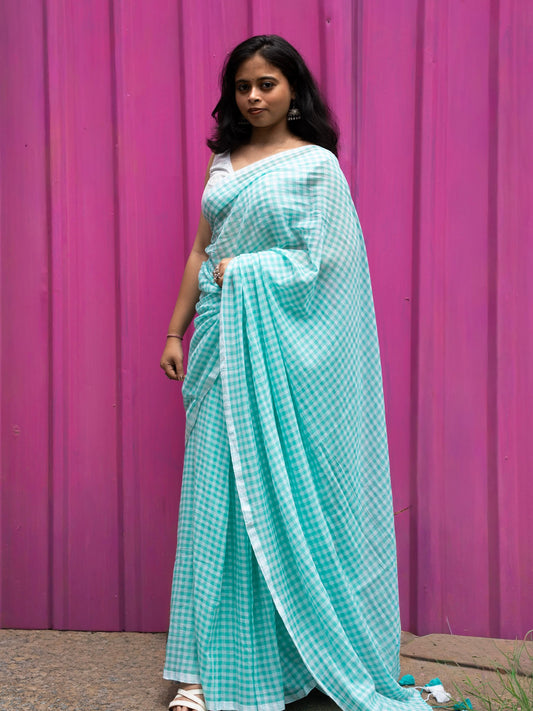 “Jheel” Aqua Blue & White Checks Mul Cotton Saree
