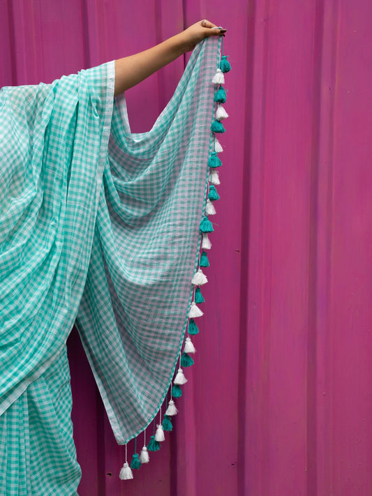 “Jheel” Aqua Blue & White Checks Mul Cotton Saree