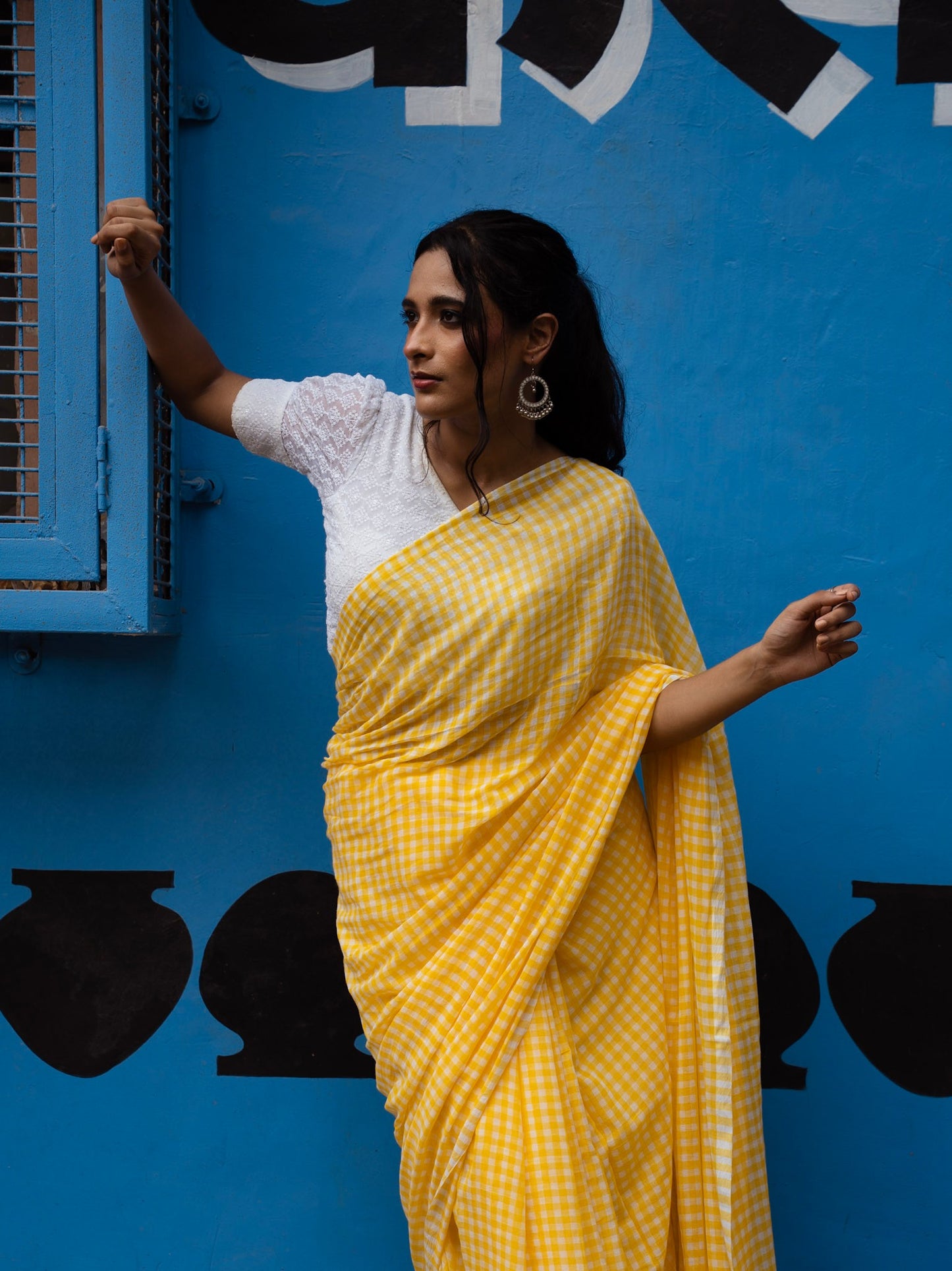 “Jugnoo” Yellow & White Checks Mul Cotton Saree