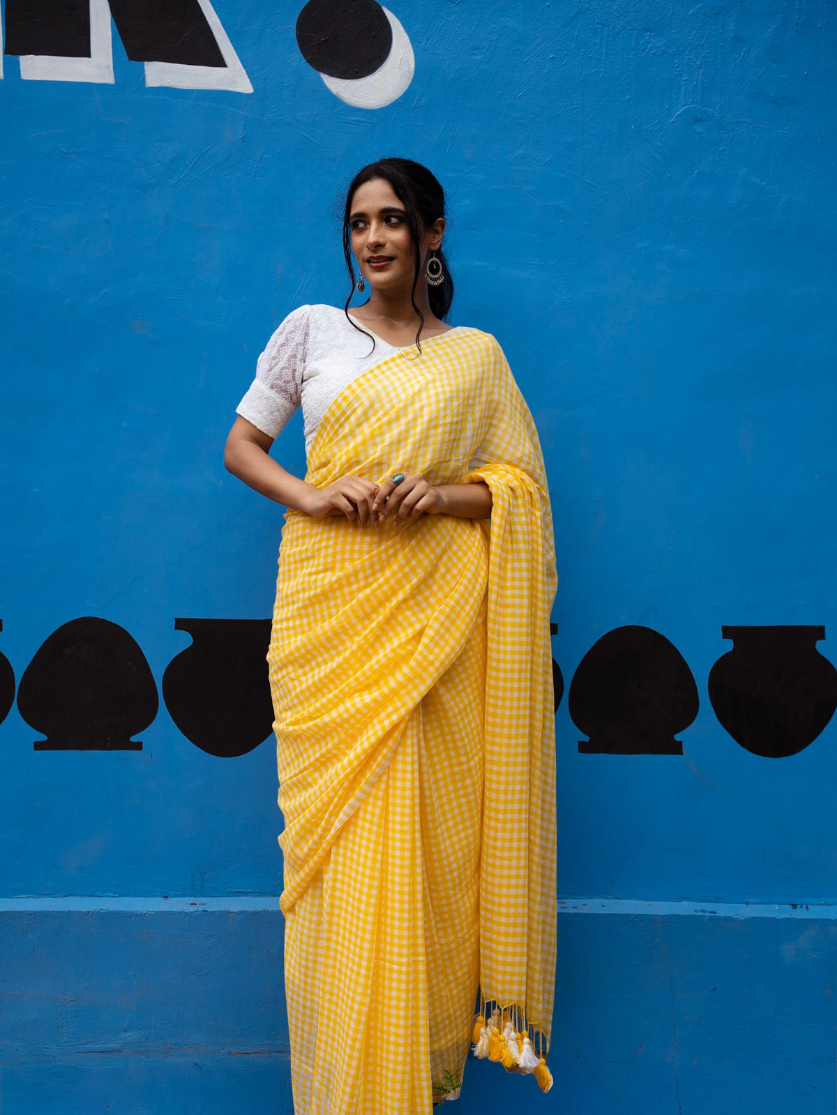 “Jugnoo” Yellow & White Checks Mul Cotton Saree