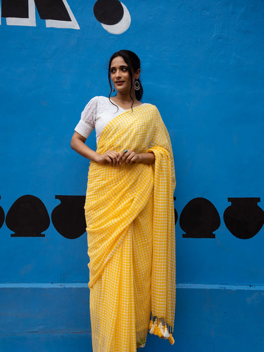 “Jugnoo” Yellow & White Checks Mul Cotton Saree
