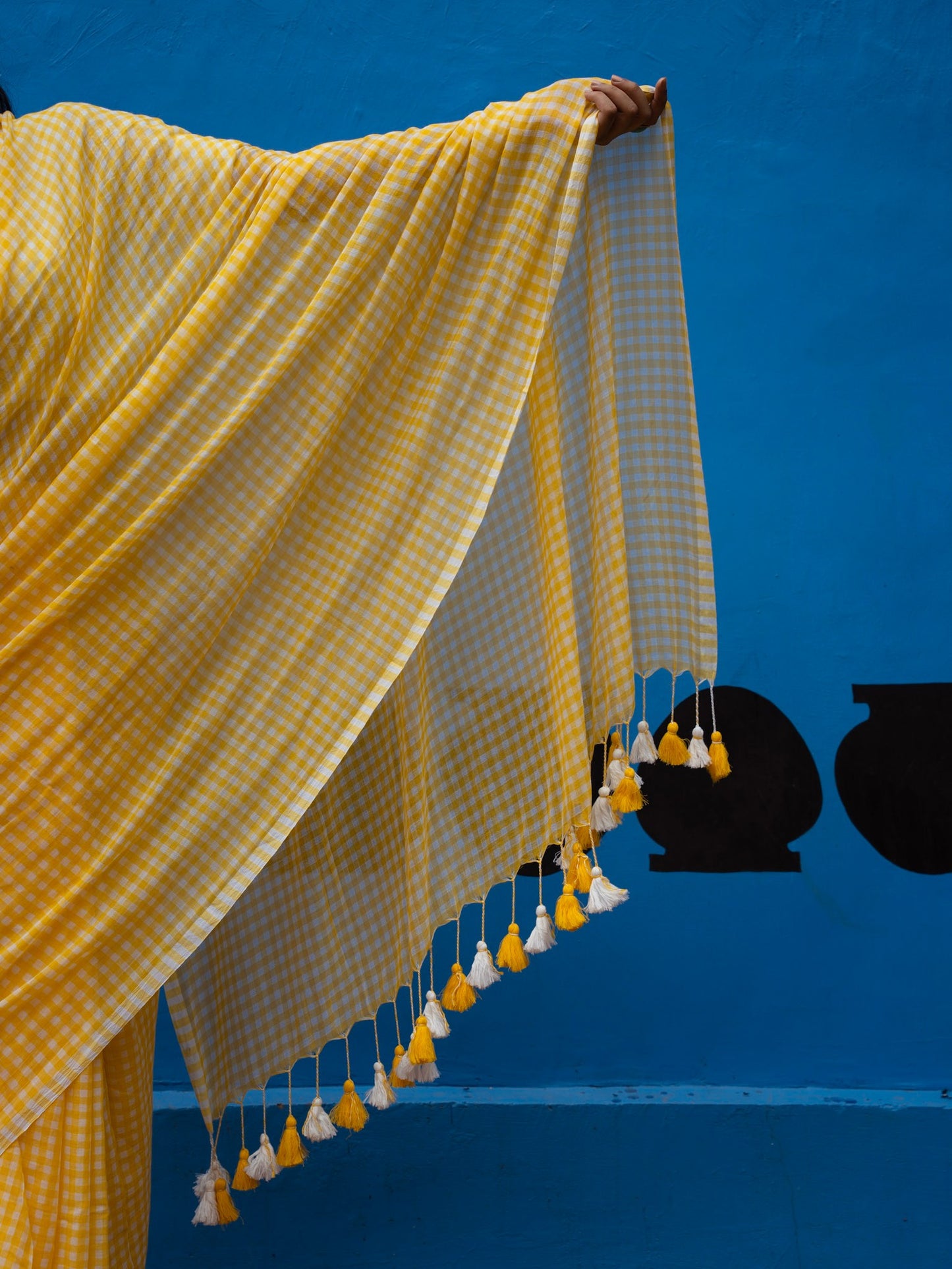 “Jugnoo” Yellow & White Checks Mul Cotton Saree