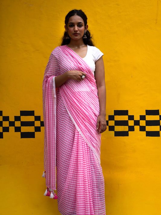 “Pihu” Pink & White Checks Mul Cotton Saree