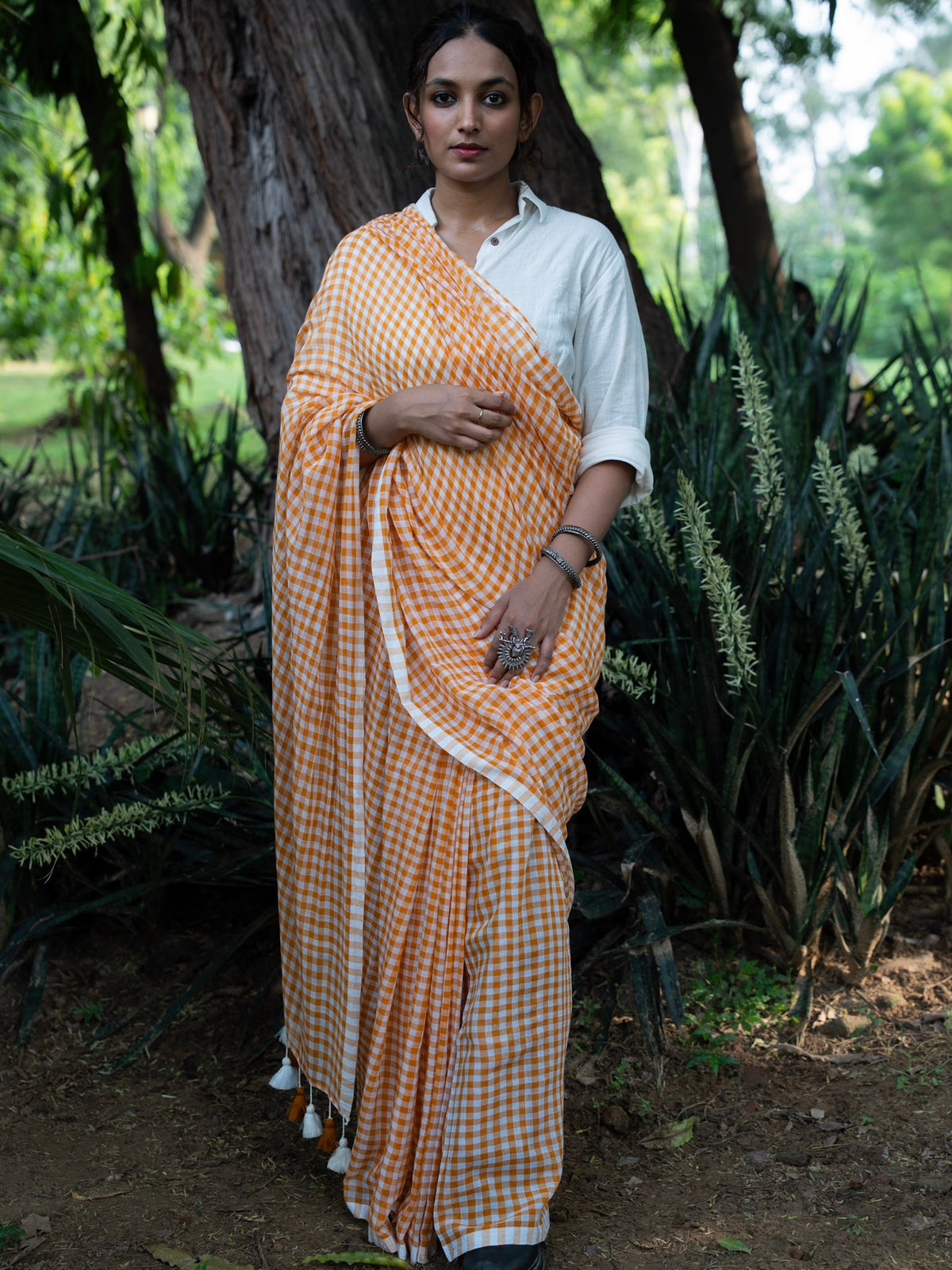 “Gilhari ” Warm Orange & White Checks Mul Cotton Saree