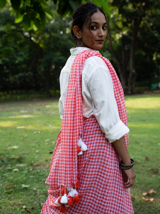 “Bulbul” Red & White Checks Mul Cotton Saree