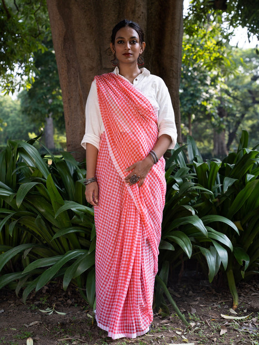 “Bulbul” Red & White Checks Mul Cotton Saree