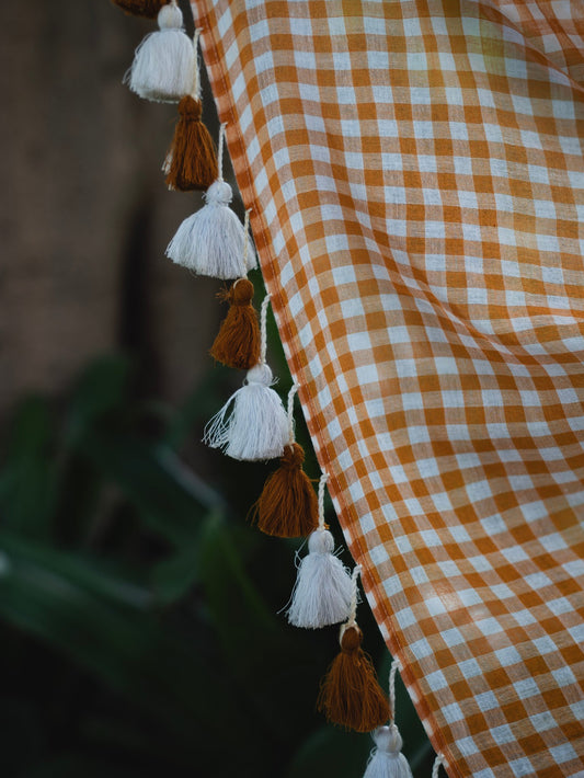 “Gilhari ” Warm Orange & White Checks Mul Cotton Saree