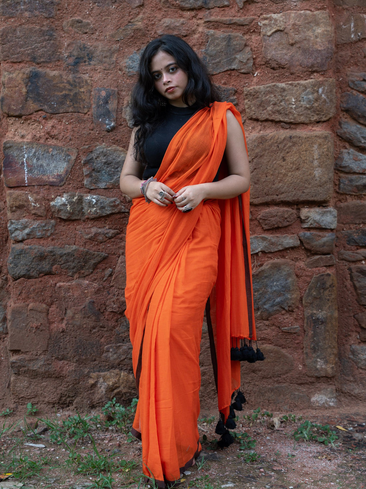 “Saanjh” Orange Mul Cotton Saree