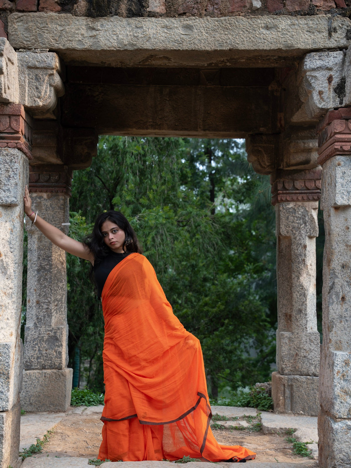“Saanjh” Orange Mul Cotton Saree