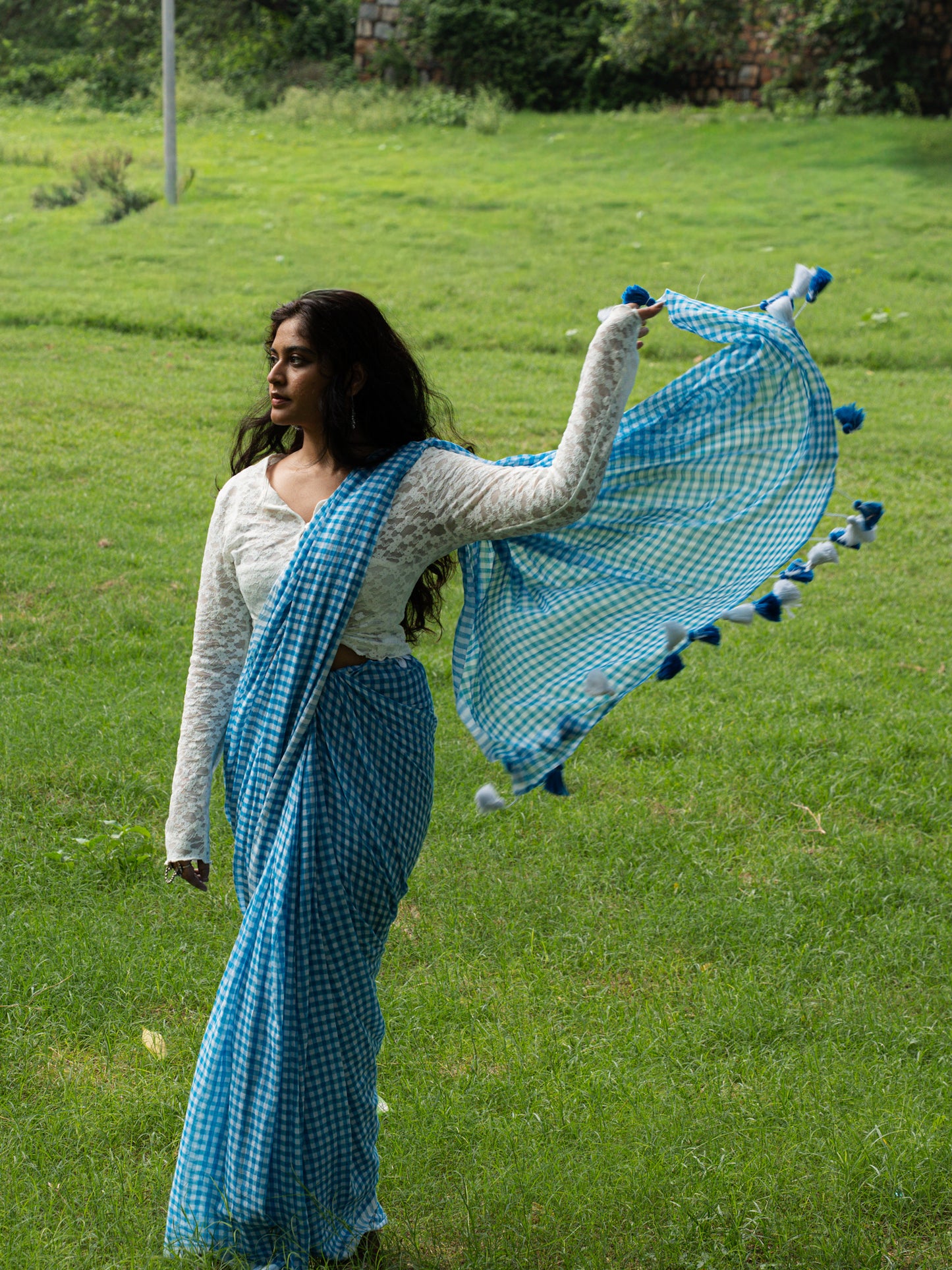 “Hansini” Blue & White Checks Mul Cotton Saree