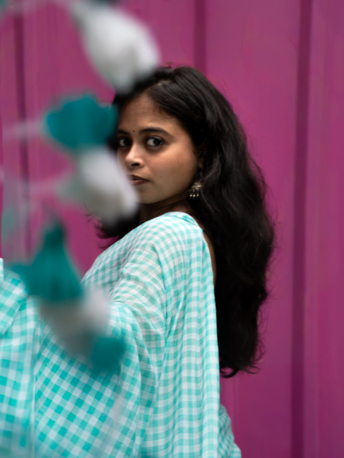 “Jheel” Aqua Blue & White Checks Mul Cotton Saree