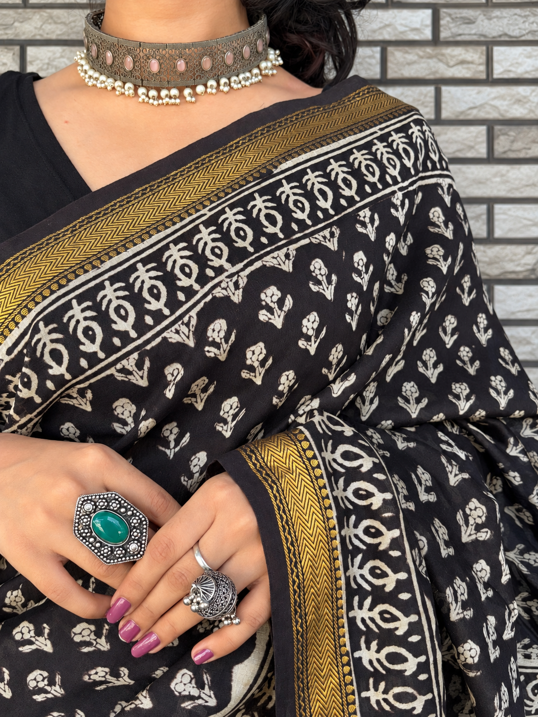 “Shama (शमा)” Black Hand Block Printed Maheshwari Silk