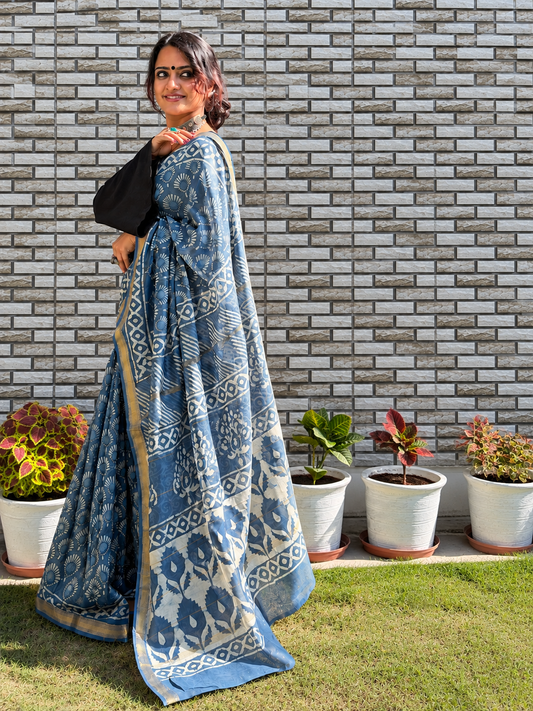 “Neelam (नीलम)” Indigo-Grey Hand Block Printed Maheshwari Silk