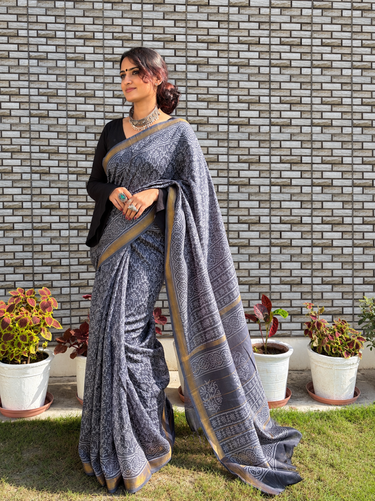 “CHHAYA (छाया ) ” Charcoal Grey Hand Block Printed Maheshwari Silk Saree