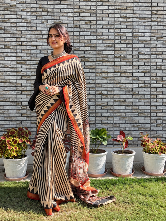 “Rachna (रचना)” Beige and Black Striped Hand Block Printed Saree with Rust Ajrakh Palla