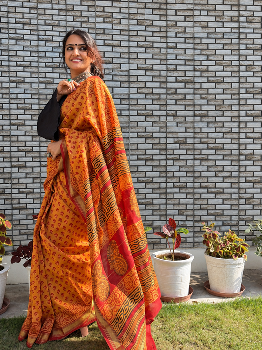 “KESARI (केसरी )” Kesar Orange Hand Block Printed Maheshwari Silk Saree