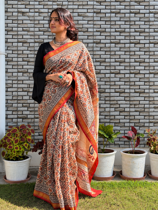 “Kasturi (कस्तूरी)”  Beige Hand Block Printed Maheshwari Silk