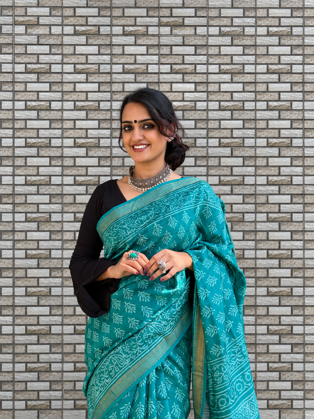 “BARKHA (बरखा) ”Teal Hand Block Printed Maheshwari Silk Saree