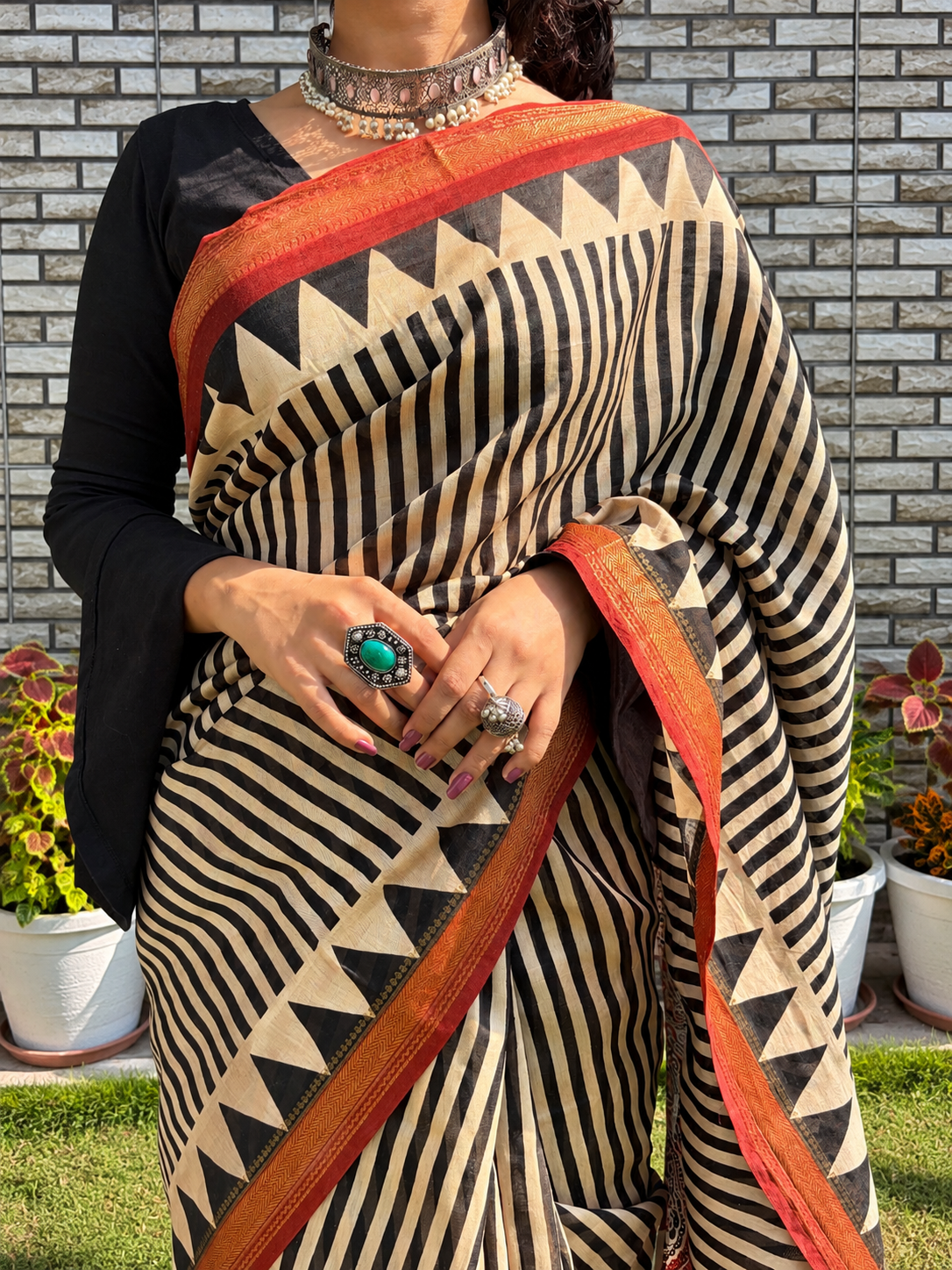 “Rachna (रचना)” Beige and Black Striped Hand Block Printed Saree with Rust Ajrakh Palla