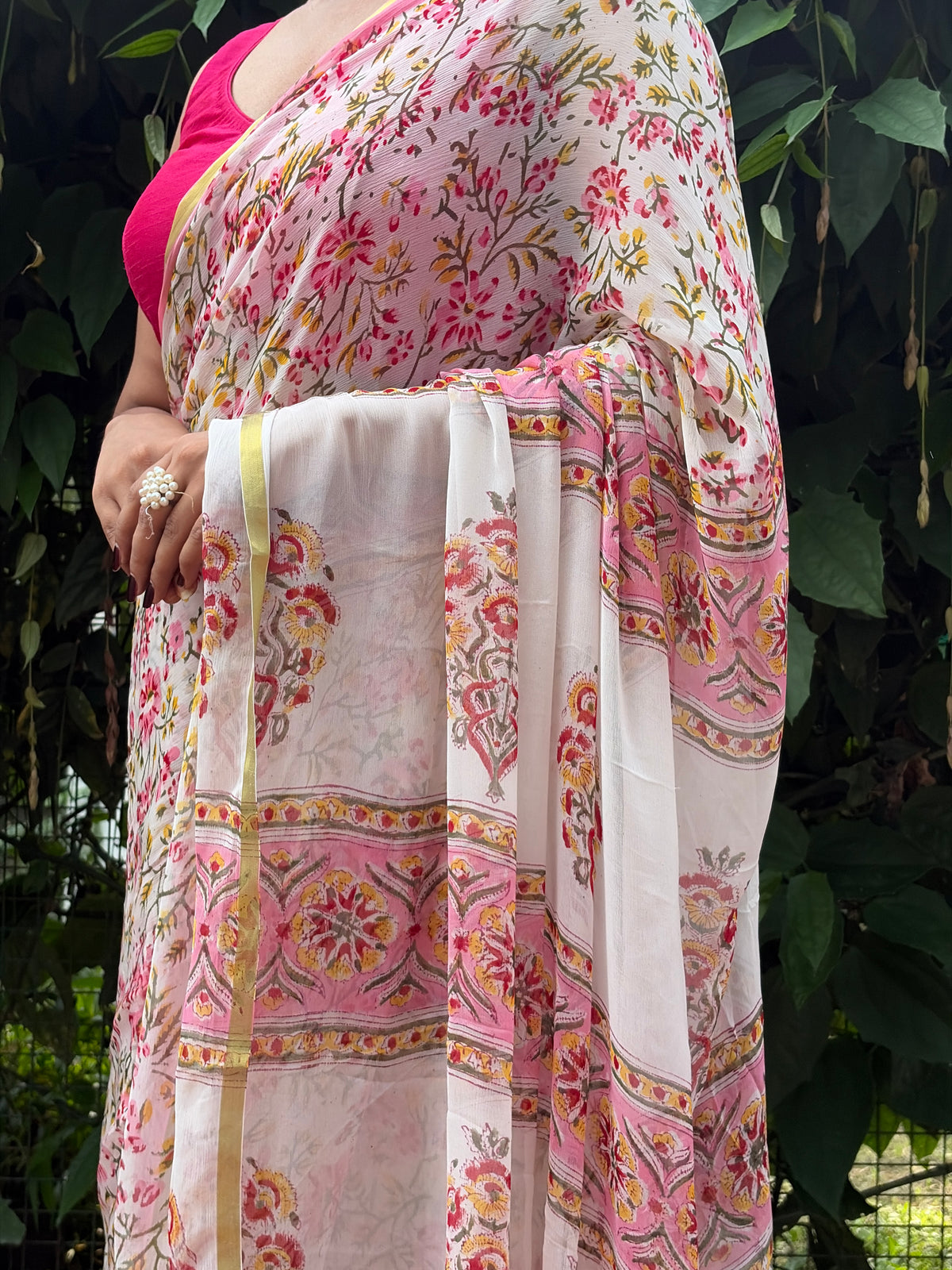 Khushi (खुशी) White & Pink Floral Hand Block Printed Pure Chiffon Saree