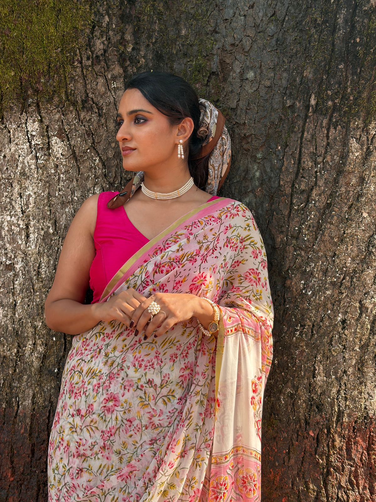 Khushi (खुशी) White & Pink Floral Hand Block Printed Pure Chiffon Saree
