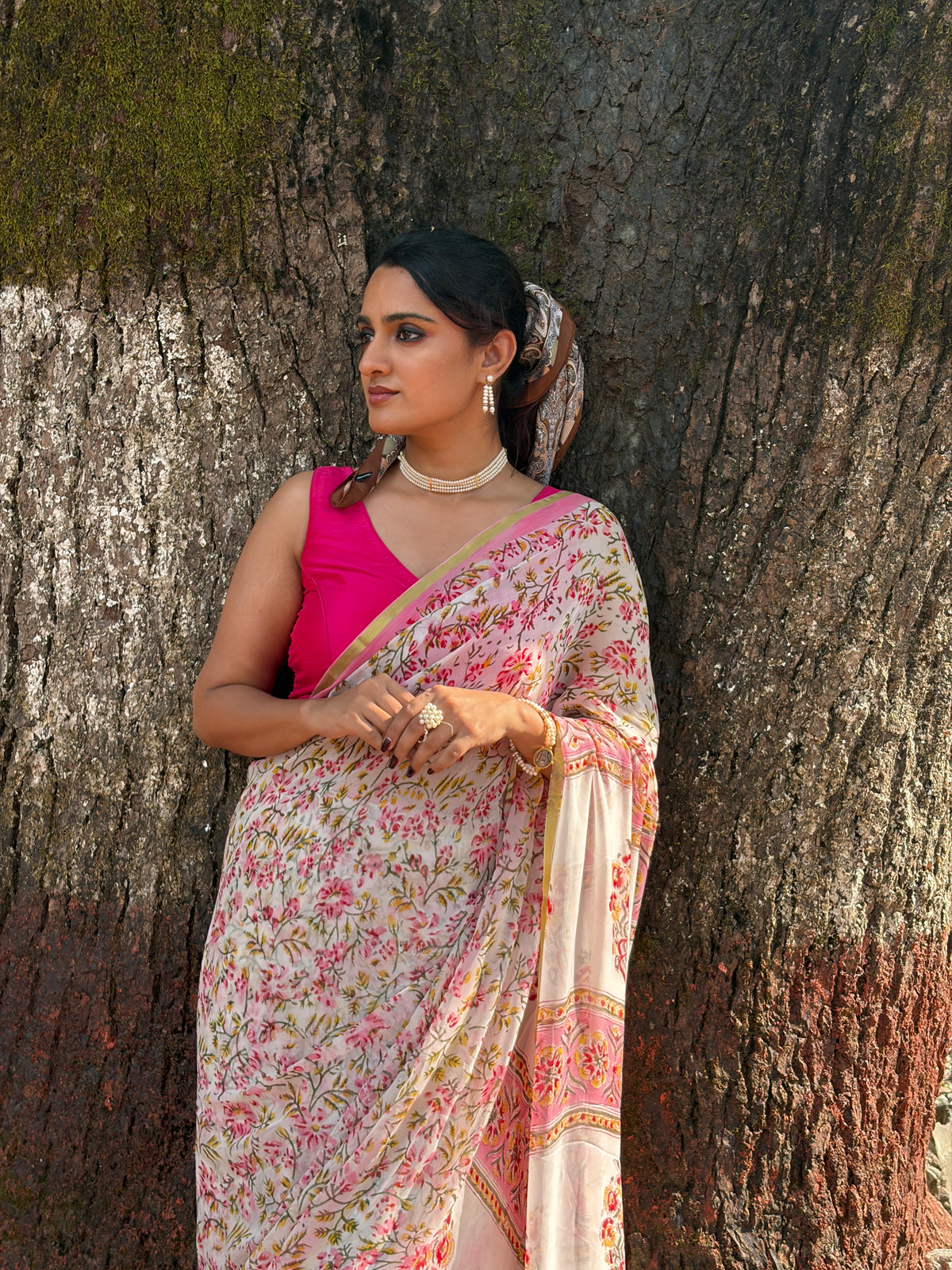 Khushi (खुशी) White & Pink Floral Hand Block Printed Pure Chiffon Saree